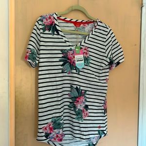 Joules NWT Cotton Slub Short Sleeve Vneck Top w/Print